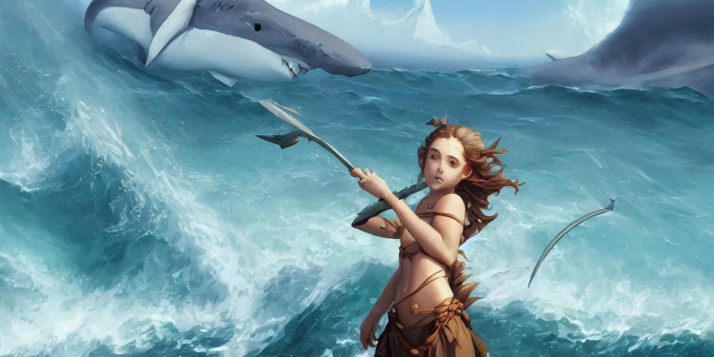 Image similar to close up of a beautiful shark tooth girl holding a trident on the horizon, model pose, slightly smiling, big wave, big whale fighting against sharks on the background, by peter mohrbacher and makoto shinkai and ferdinand knab