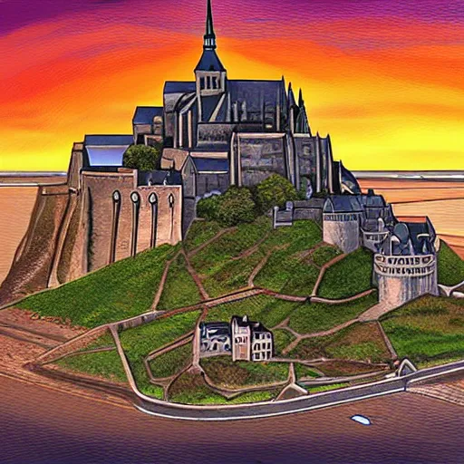 Prompt: mont saint michel,digital painting,isometric,beautiful