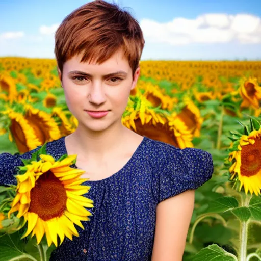 Image similar to highly detailed portrait of a young woman with pixie cut hairstyle in a field of sunflowers, sunny day, HD