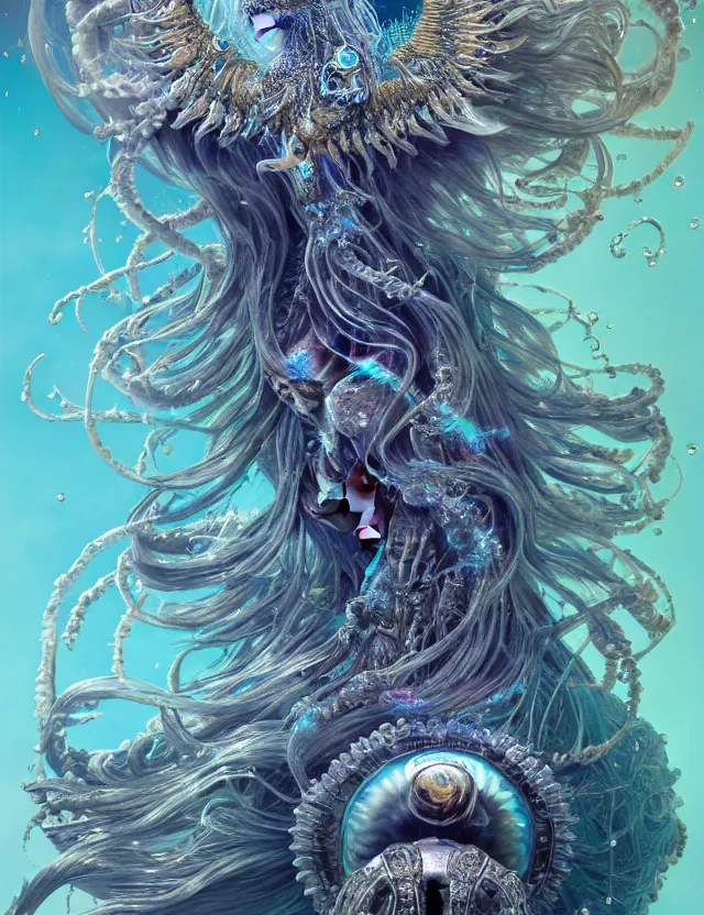 Image similar to goddess macro shouler portrait from bottom to top in crown made of ram skull. betta fish, jellyfish phoenix, bioluminiscent, plasma, ice, water, wind, creature, super intricate ornaments artwork by tooth wu and wlop and shofff and greg rutkowski