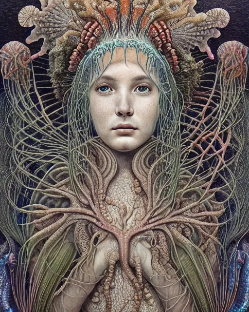 Prompt: realistic detailed underwater portrait of the beutiful young goddess of the fish of the three times with an intricate headdress of corals, sea kelp, sea plants, fish, jellyfish, art by ernst haeckel, zdzisław beksinski, h. r. giger, gothic, neo - gothic, ornamental,