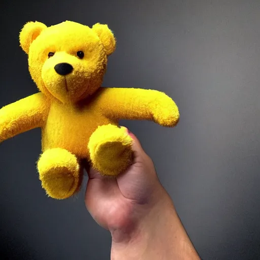 Prompt: a yellow teddy bear showing off a collection of nfts