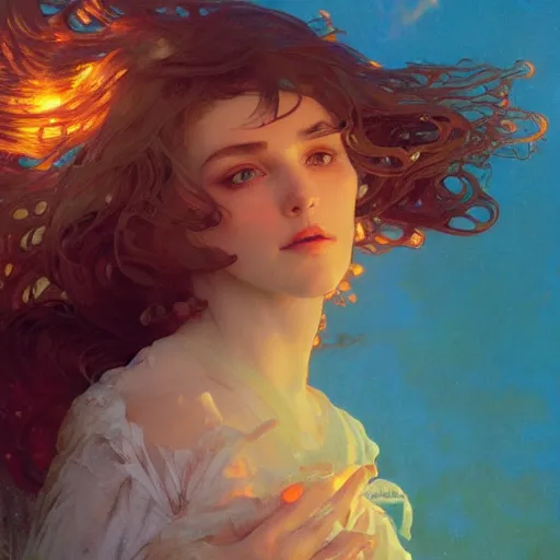 Image similar to sea of glossy liquid honey drops flowing like translucent amber, backlit, sunset, refracted lighting, art by collier, albert aublet, krenz cushart, artem demura, alphonse mucha