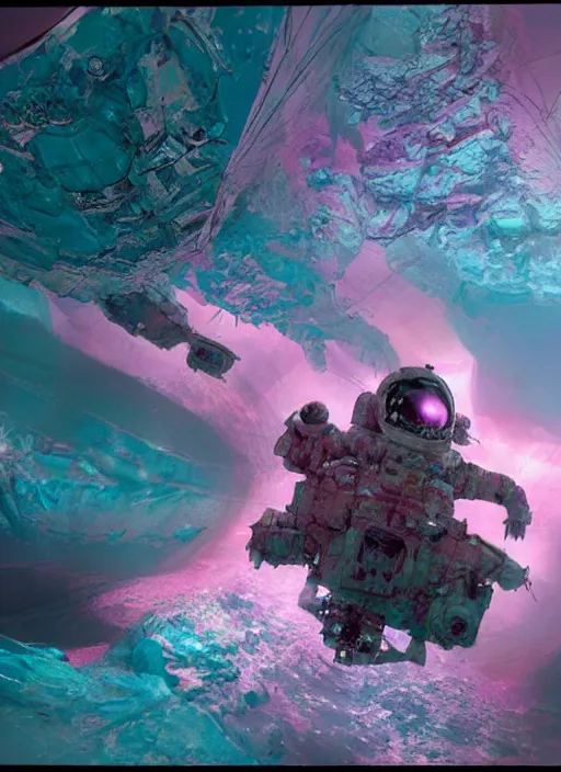 Prompt: pink concept art by craig mullins astronauts in futuristic dark and empty spaceship underwater. complex and hyperdetailed technical suit. mandelbulb fractal. reflection and dispersion materials. rays and dispersion of light. volumetric light. 5 0 mm, f / 3 2. noise film photo. flash photography. octane render. interstellar movie art