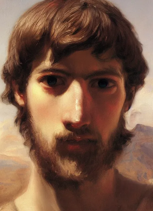 Image similar to extreme close up portrait of an ancient greek, by ilya kuvshinov, by thomas lawrence, by bayard wu, symmetrical