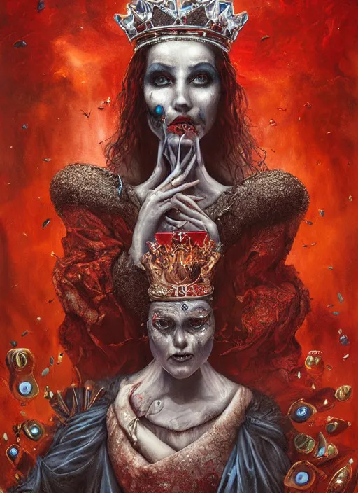 Prompt: queen of hearts the magician tarot card, highly detailed, cinematic, 8 k, by megan duncanson, stanley artgermm, tom bagshaw, craig mullins, carne griffiths, ayami kojima, beksinski, giger, trending on deviantart, hyper detailed, horror, full of colour