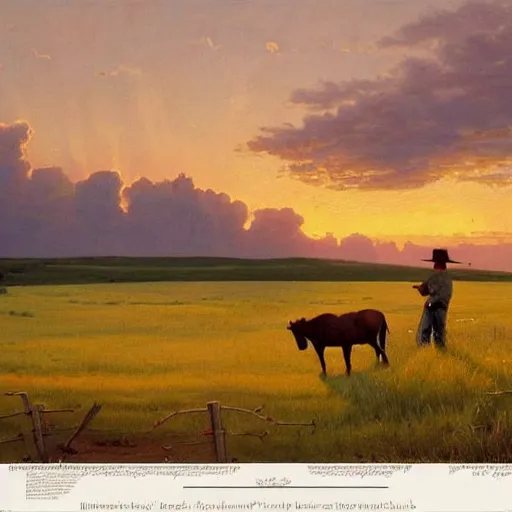 Prompt: a highly detailed painting of a beautiful prairie landscape at sunset with a lone rancher desperately trying to corral 100 cattle, Normal Rockwell