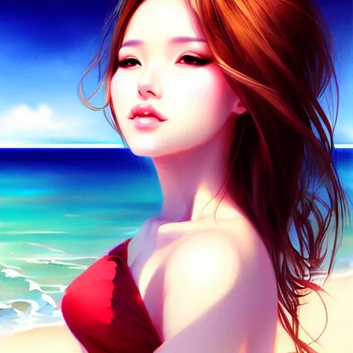 Image similar to portrait of beautiful woman on the beach by wlop, rossdraws, artgerm.