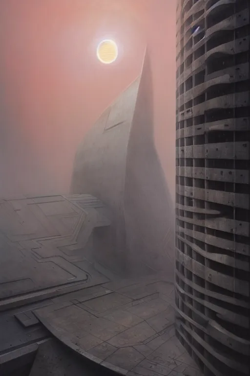 Prompt: sci - fi concrete brutalist architecture, rutkowski, zaha hadid, beksinski, oil painting, photoreal, highly detailed, 8 k, hd, vray, artstation, cinematic matte painting, soft pastl sunset, extreme detail photo quality, dark moody colors, featured on behance