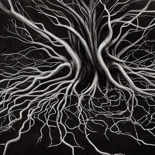 Prompt: award - winning painting of pitch black, tar - like, shadow roots with lots of tendrils spreading everywhere, intricate detail, deep black roots, infestation, shadowy, lovecraftian, beksinksi, black and white, chiaroscuro, myzelium