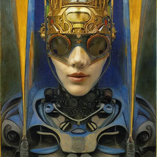 Image similar to the masked robot queen wearing the plasma crown, by Annie Swynnerton and Diego Rivera and Elihu Vedder, symbolist, dramatic lighting, elaborate geometric ornament, Art Brut, soft cool colors,smooth, sharp focus, extremely detailed, Adolf Wölfli and Donato Giancola