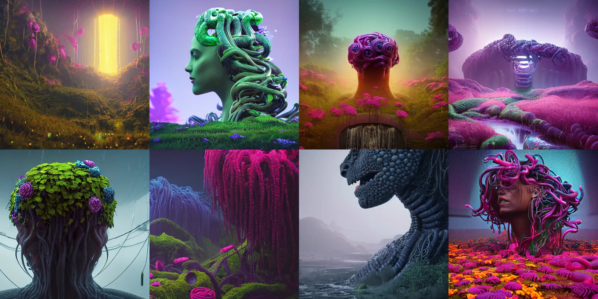 Prompt: beautiful dark wet landscape, medusa gorgon head, beautiful flowers, in the style of beeple and mike winkelmann, intricate, epic lighting, cinematic composition, hyper realistic, 8 k resolution, unreal engine 5, raytracing, ultraviolet colors,