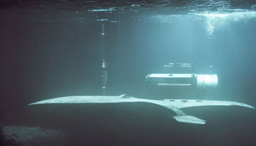 Image similar to Big budget horror movie, a submarine approaches an underwater biolab, deep in the ocean, dark and gloomy