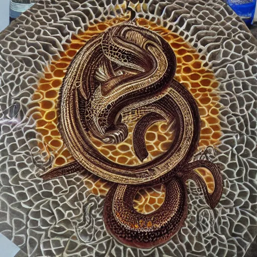 Image similar to naga serpent god airbrush painting, honeycomb structure, highly detailed, intricate, beautiful craftsmanship, famous artist,