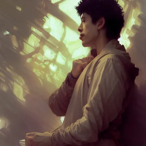 Image similar to A man drinking a cup of cosmic energy bright light, illustration by Ruan Jia and Mandy Jurgens and William-Adolphe Bouguereau, Artgerm, 4k, digital art, surreal, anime style, space dandy style, highly detailed, godsend, artstation, digital painting, concept art, smooth, sharp focus, illustration by Ruan Jia and Mandy Jurgens and William-Adolphe Bouguereau, Artgerm