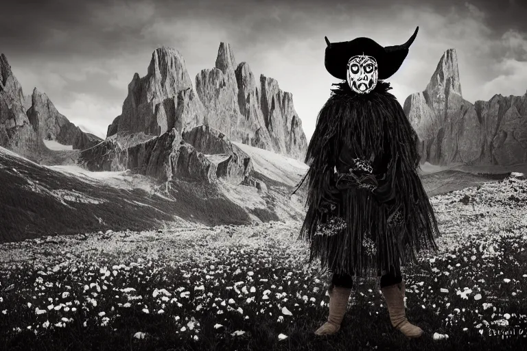 Prompt: portrait of a tyrolean folklore mask, dark, eerie , wearing hay coat, with horns, eerie, flowers growing out of his body, dolomites in the background, detailed intricate insanely detailed octane render, 8k, artistic 1920s photography, vintage photo, black and white, photorealistic, chiaroscuro, by David Cronenberg, Raphael, Caravaggio
