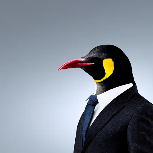 Prompt: Photo of a man in a suit wearing a mask of an emperor penguin, 4k, photorealistic, hd