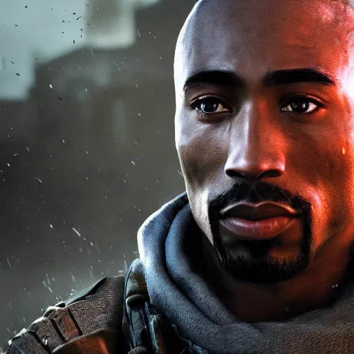 Image similar to Portrait of tupac shakur in Gears of War, splash art, movie still, cinematic lighting, dramatic, octane render, long lens, shallow depth of field, bokeh, anamorphic lens flare, 8k, hyper detailed, 35mm film grain