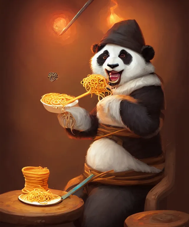 Image similar to a portrait an anthropomorphic panda mage eating ramen, wearing mage robes, restaurant in background, cute and adorable, dnd character art portrait, well rendered matte fantasy painting, deviantart artstation, by jason felix by steve argyle by tyler jacobson by peter mohrbacher, cinematic lighting