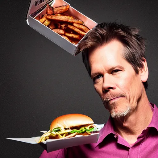 Image similar to kevin bacon profile portrait eating bacon burger soda fries, award winning food photography