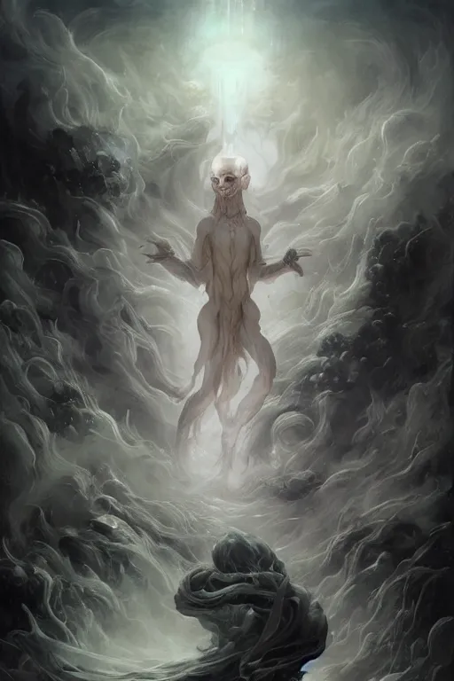 Image similar to a humanoid creature with pale white skin. the creature is bald. it is wearing a black flowing cloak that looks like mist. it is crafting an landscape in the astral plane. cosmic horror. art by peter mohrbacher and gaston bussiere.