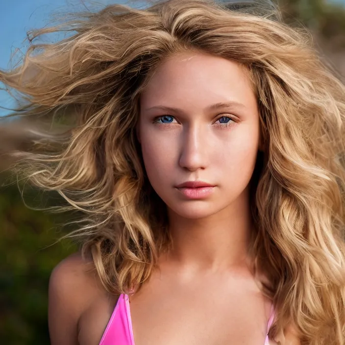 Prompt: portrait photograph of an extremely beautiful!!!! young female , symmetric face!, symmetric round detailed eyes!!, Wavy tinted blonde hair! slight smile, natural light, at a Manhattan beach during golden hour. looking at the camera!!. pink bikini. super resolution. Extremely detailed. Graflex camera!, bokeh!!!!! trending on artstation.