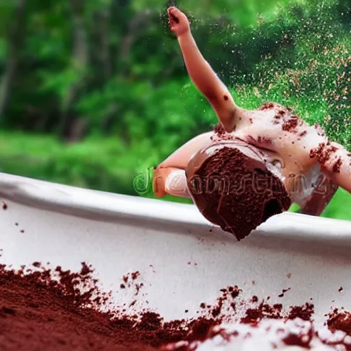 Image similar to person sliding through chocolate pudding head first, slip n slide, stock photography, no watermark