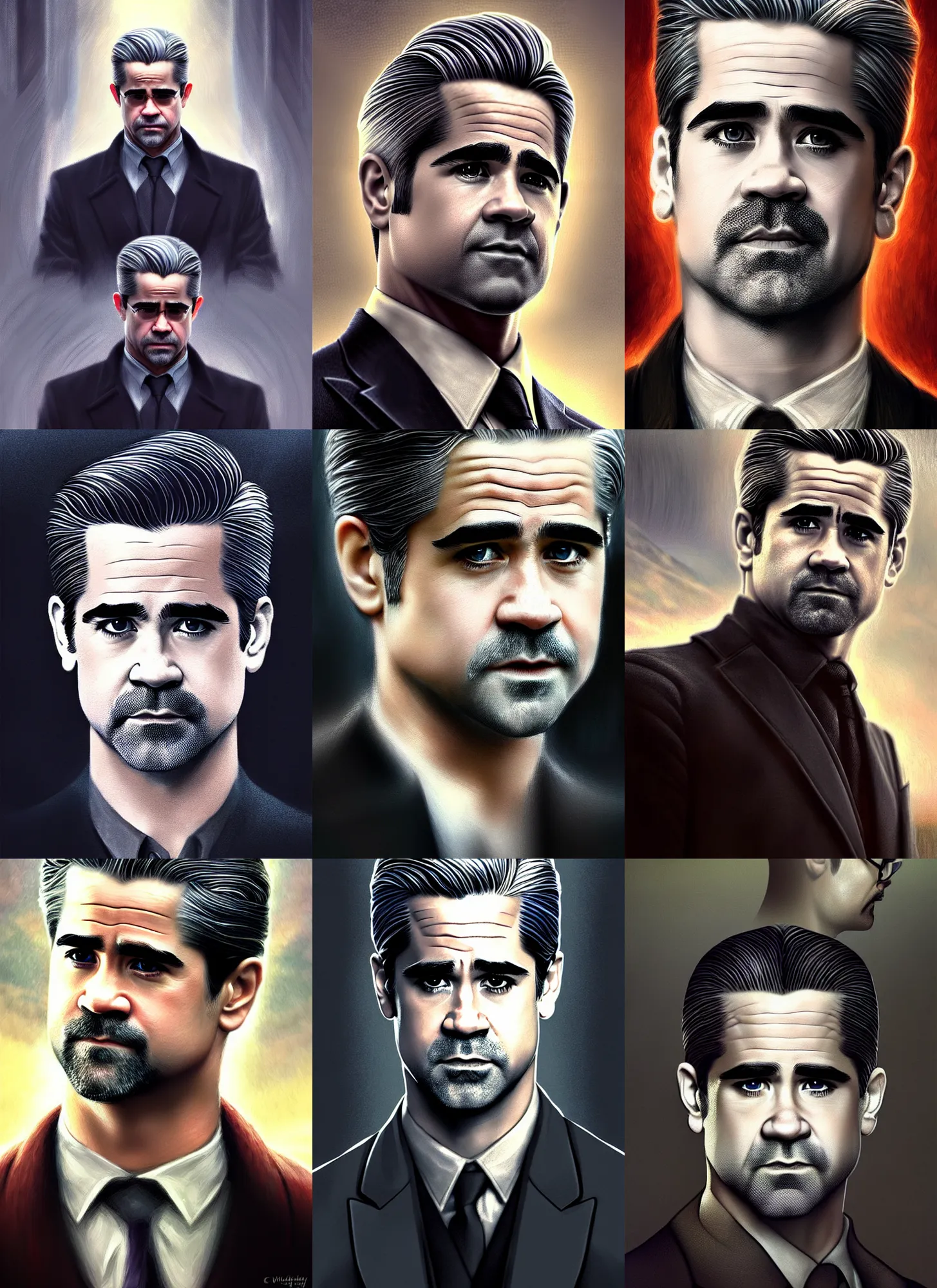 Prompt: young gray hair colin farrell as the president of the united states of america, fantasy magic, light night, intricate, elegant, sharp focus, illustration, highly detailed, digital painting, concept art, matte, art by wlop and artgerm and ivan shishkin and andrey shishkin, masterpiece