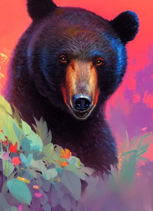 Image similar to portrait of anthropomorphic asian black bear, colorful, highly detailed, digital painting, artstation, concept art, smooth, sharp focus, illustration, art by artgerm and greg rutkowski and alphonse mucha