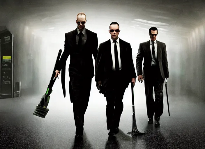 Image similar to film still of agent smith working as a janitor in the new matrix movie, 4 k