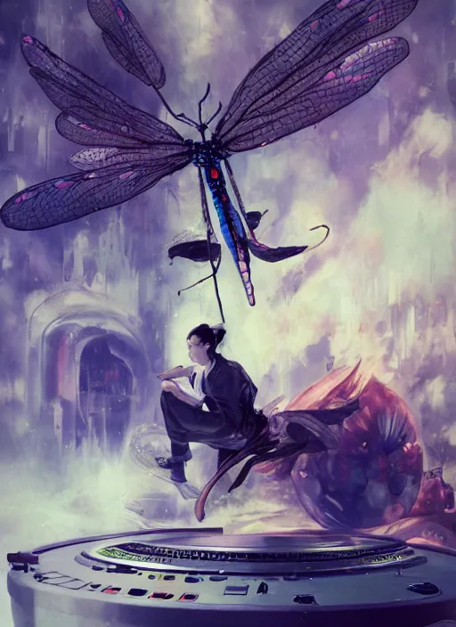 Prompt: surreal gouache painting, by yoshitaka amano, by ruan jia, by Conrad roset, by good smile company, detailed anime 3d render of a magical Dragonfly flying on a DJ Mixer, deck, mpc, portrait, cgsociety, artstation, rococo mechanical and electronic, dieselpunk atmosphere