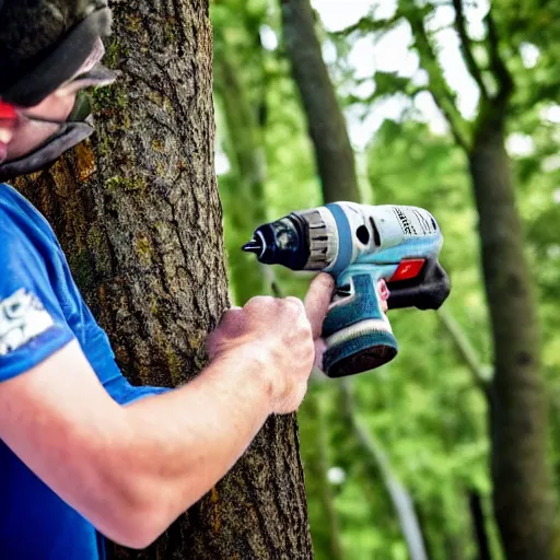 Prompt: man with huge countersink drill bits as hands angrily drilling into trees, photography