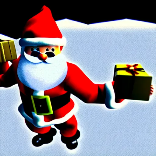 Prompt: santa claus first person shooter, nintendo 6 4 screenshot, low poly, aliased