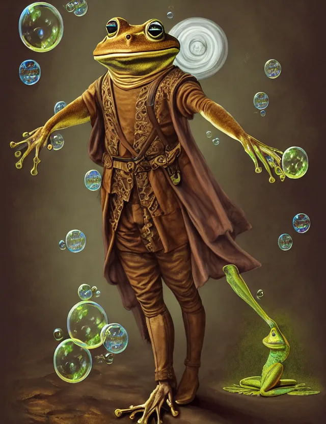 Image similar to anthropomorphic bipedal frog that is dressed as a renaissance fighter, as a matte oil painting and d & d character art, by alex grey, standing, fullbody, floating bubbles, mystic, fog, fractals, spirals, concept art, award - winning, extremely detailed, sharp focus