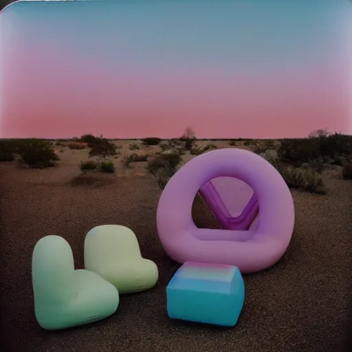 Image similar to a pastel colour high fidelity Polaroid art photo from a holiday album at a pink desert with abstract inflatable parachute furniture, all objects made of transparent iridescent Perspex and metallic silver, no people, iridescence, nostalgic