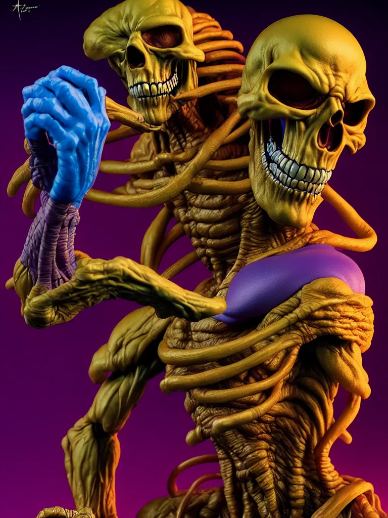 Image similar to hyperrealistic rendering, skeletor by art of skinner and richard corben and jeff easley, product photography, action figure, sofubi, studio lighting, colored gels