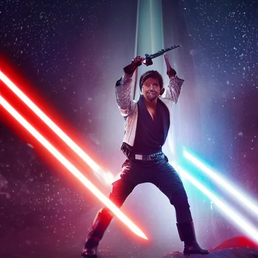 Image similar to Chayanne the singer as a jedi in star wars, holding a lightsabre. splash art, cinematic lighting, dramatic, octane render, long lens, shallow depth of field, bokeh, anamorphic lens flare, 8k, hyper detailed, 35mm film grain