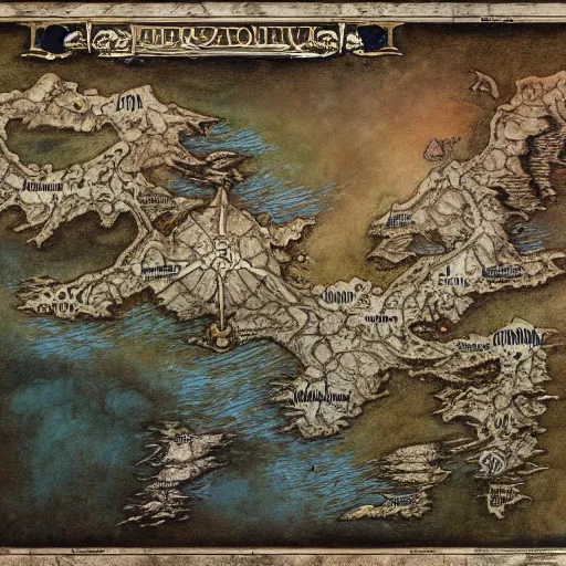 Prompt: simple fantasy map of dark Russia, by JRR Tolkien and Brian Froud, Vatican Map Room, fantasy concept painting, Magic The Gathering Art, trending on art station, rivers, lakes, cities, villages, roads, showing kingdoms, oceans, continents, vast seas, open plains, baroque frame border