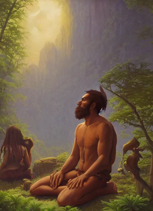 Image similar to an indigenous man sitting and praying in the jungle, while ghosts of his ancestors watch over him, art by christophe vacher