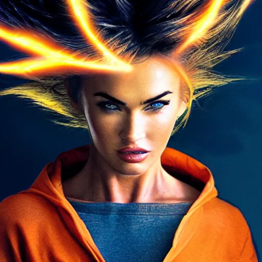 Image similar to face photo of megan fox as super saiyan as goku powering up wearing hoodie electric energy dramatic lighting by annie leibovitz