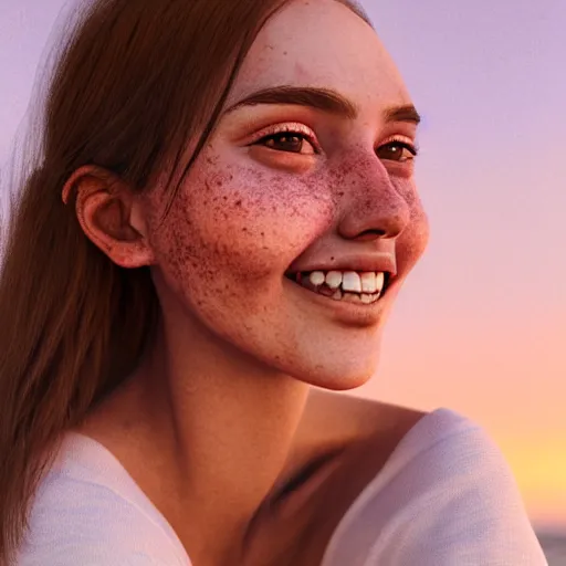 Image similar to portrait of a cute thin young woman, red blush, cute freckles, smug smile, modern clothes, relaxing on the beach, golden hour, close up shot, soft focus, 8 k, art by irakli nadar, hyperrealism, hyperdetailed, ultra realistic