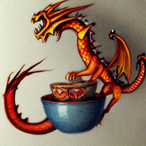 Prompt: fire breathing dragon, the dragon is tiny and near a teacup, fantasy art, artstation, cozy, award winning, stunning drawing