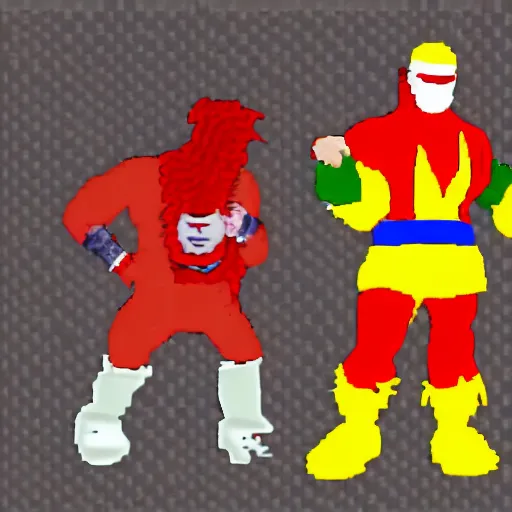 Image similar to screenshot of ronald mcdonald, white face, red afro, red nose and yellow outfit as fight enemy in 9 0's mortal kombat 3, mk 3, mortal kombat 3, sega genesis video game, upscaled to high resolution