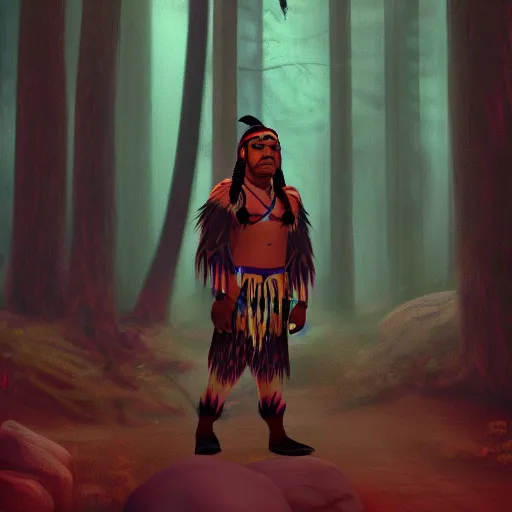 Image similar to medium shot native american man, in a dark forest, mysterious, backlit, still from a pixar dreamworks movie, trending on artstation