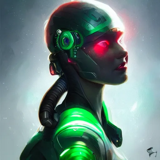 Prompt: a portrait of a beautiful cyborg girl, red hair, glowing green eyes, urban motifs, intricate, elegant, highly detailed, digital painting, trending on artstation, concept art, smooth sharp focus, illustration, art by artgerm and greg rutkowski