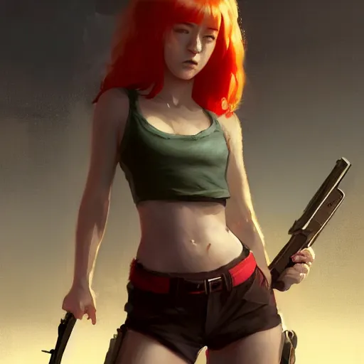 Image similar to A redheaded girl wearing a crop top, shorts and wielding a gun, character design by charles bowater,greg rutkowski,ross tran,hyperdetailed,hyperrealistic,4k,deviantart,artstation,professional photography,concept art, anime