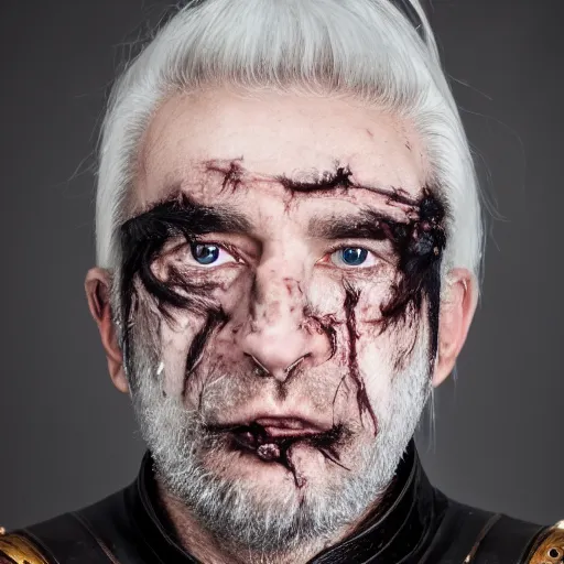 Prompt: Portrait Photography of a middle-aged man with milk white hair, ponytail, face scars, medieval cotton clothes with leather full body armor