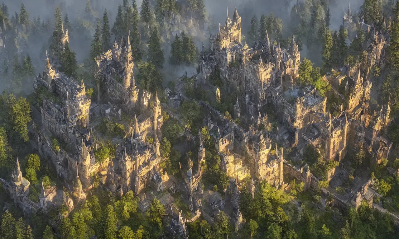 Prompt: a big castle, highly detailed, crystal lighting, mystical, forest, hyperrealistic, 4 k, unreal engine, dramatic lighting, magical, beautiful,