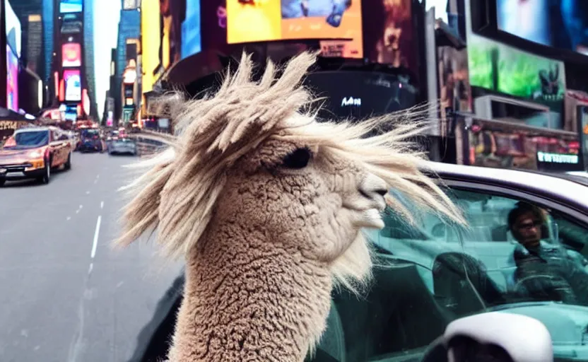 Image similar to a old photo of alpaca sitting in a car, looking out of the window and his hair is flying in the wind, riding through times square 8 k