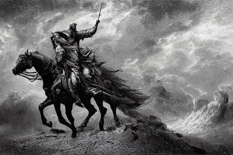 Image similar to A huge rider on a horse rides through epic storm, Gustave Dore lithography